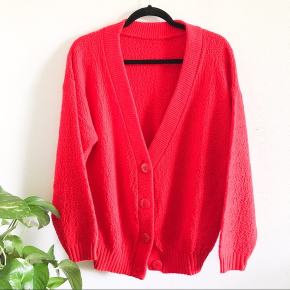 Vintage Sweaters - VINTAGE 80’s bright red knit button front cardigan